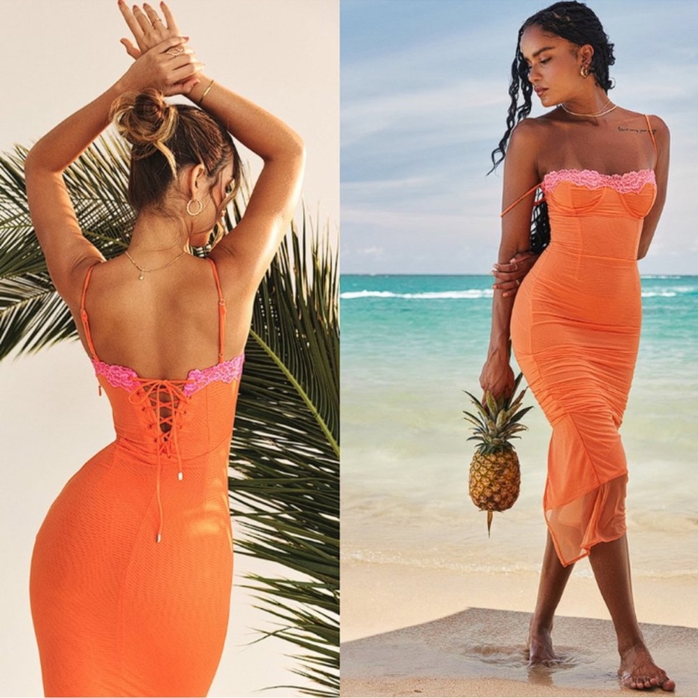NWOT House of CB Aiza Mesh Corset Maxi Dress Flame Orange Size Sme.